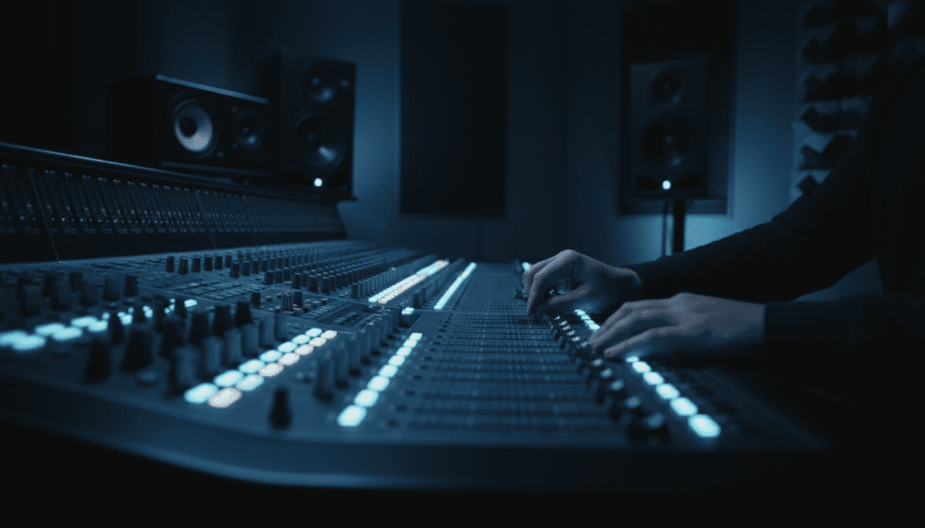 Music producer at mixing console with neon blue lighting in professional studio environment