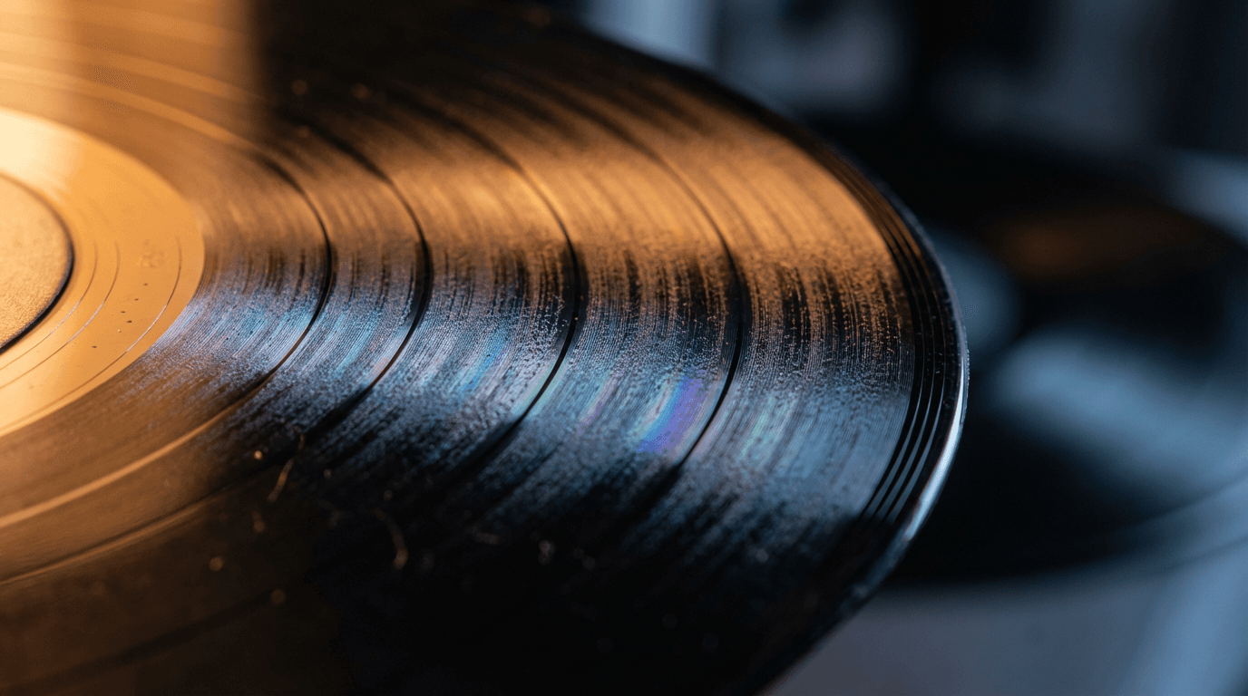 Vinyl records and metadata documentation with neon blue accent lighting