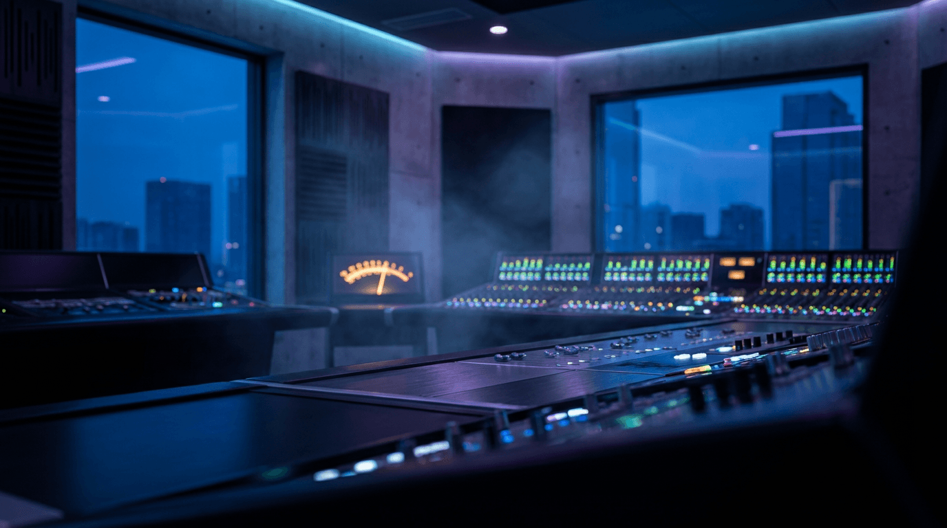 Music producer working at a mixing console in a neon-lit studio