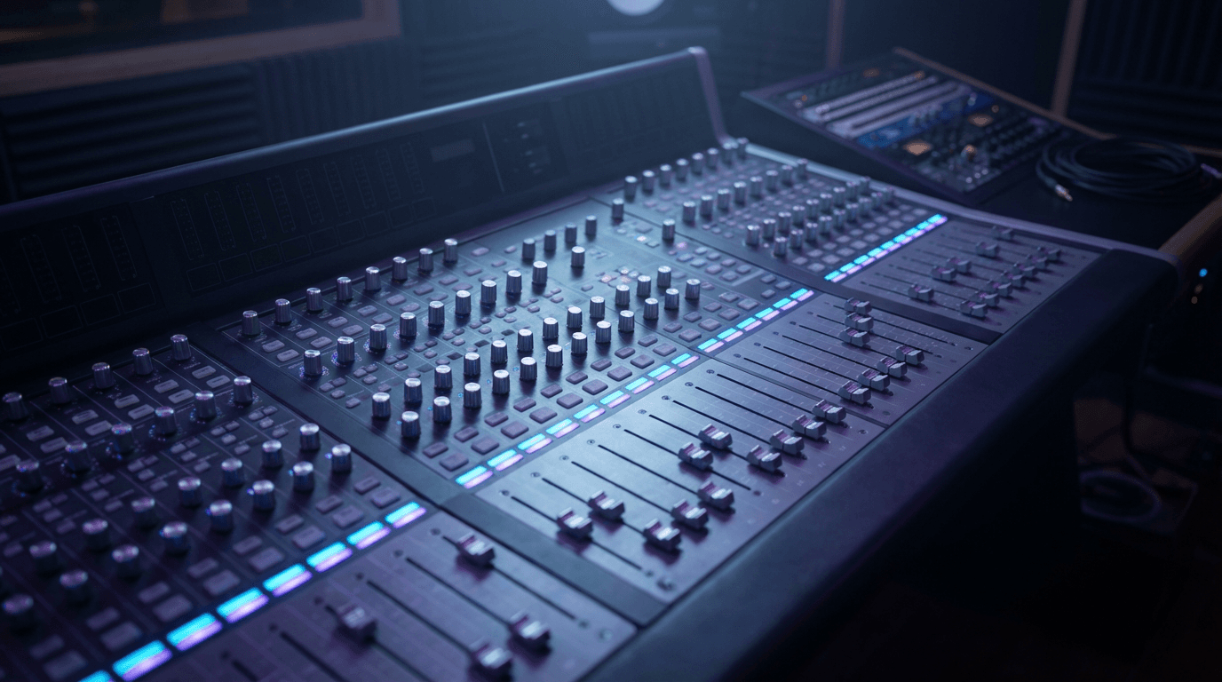 Music producer adjusting mixing console in professional studio with dramatic lighting