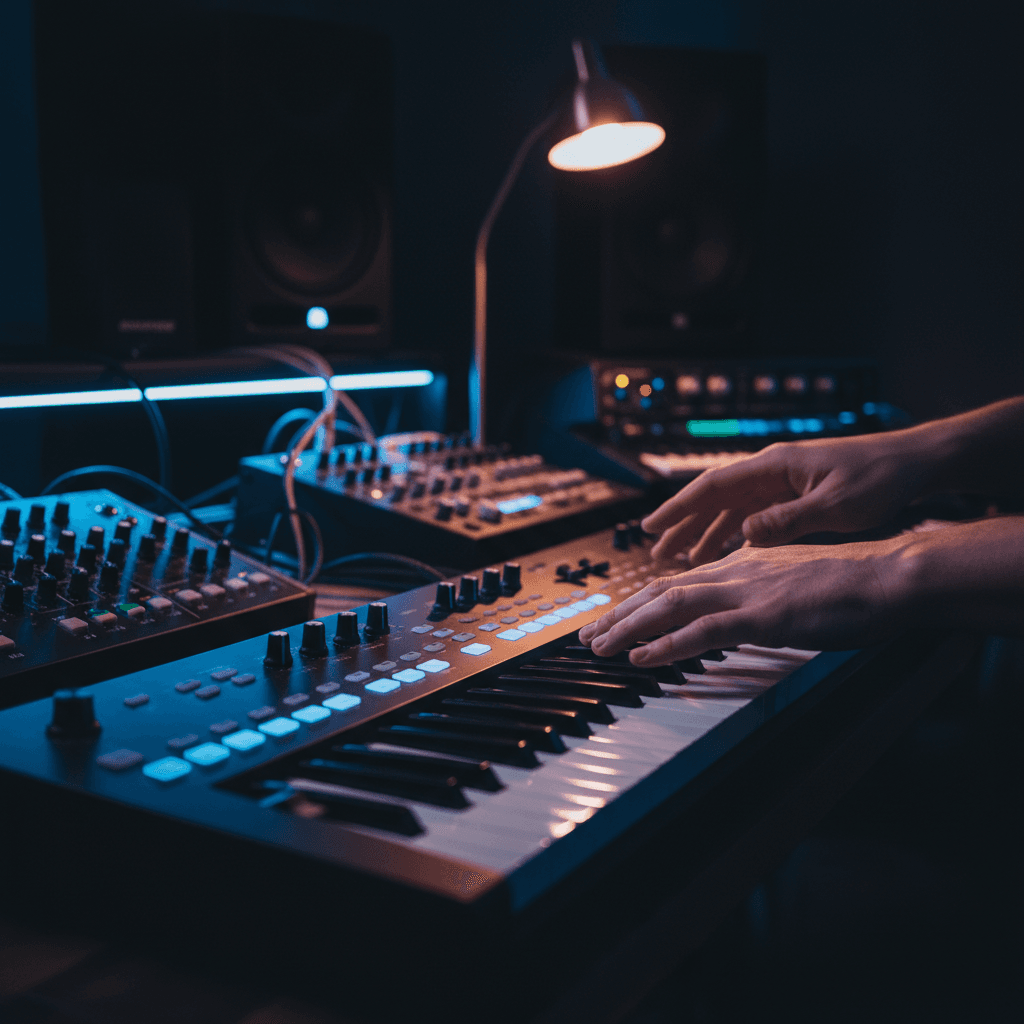 Professional music producer at mixing console with neon blue studio lighting