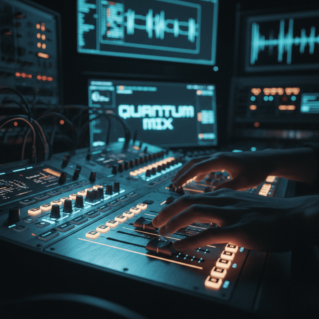 Music production studio with audio metadata mapping on monitor and neon blue accent lighting