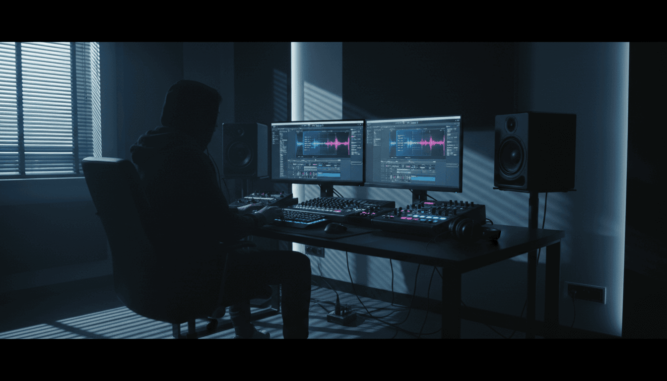 Professional music production workspace with neon blue lighting and modern audio equipment
