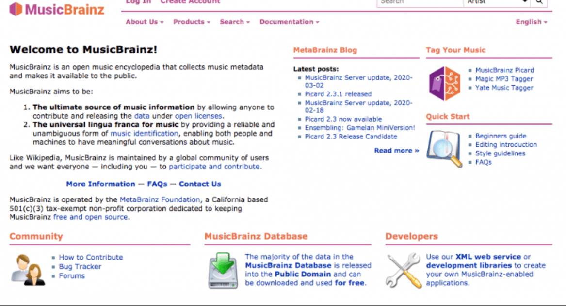 MusicBrainz homepage showing an open music encyclopedia with news, tagging tools, and community resources.
