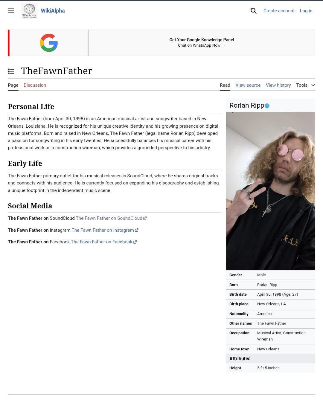 WikiAlpha biography page for TheFawnFather, featuring a profile photo of musical artist Rorlan Ripp.