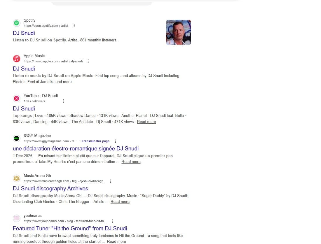 Google search results for DJ Snudi showing music streaming profiles, YouTube videos, and music articles.