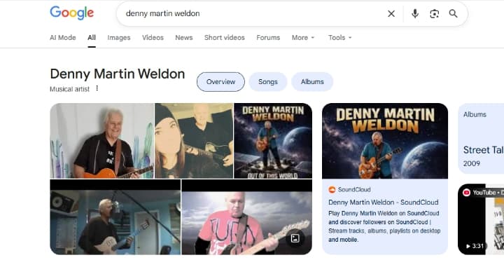 Google search results for Denny Martin Weldon showing photos of the musician playing guitar.