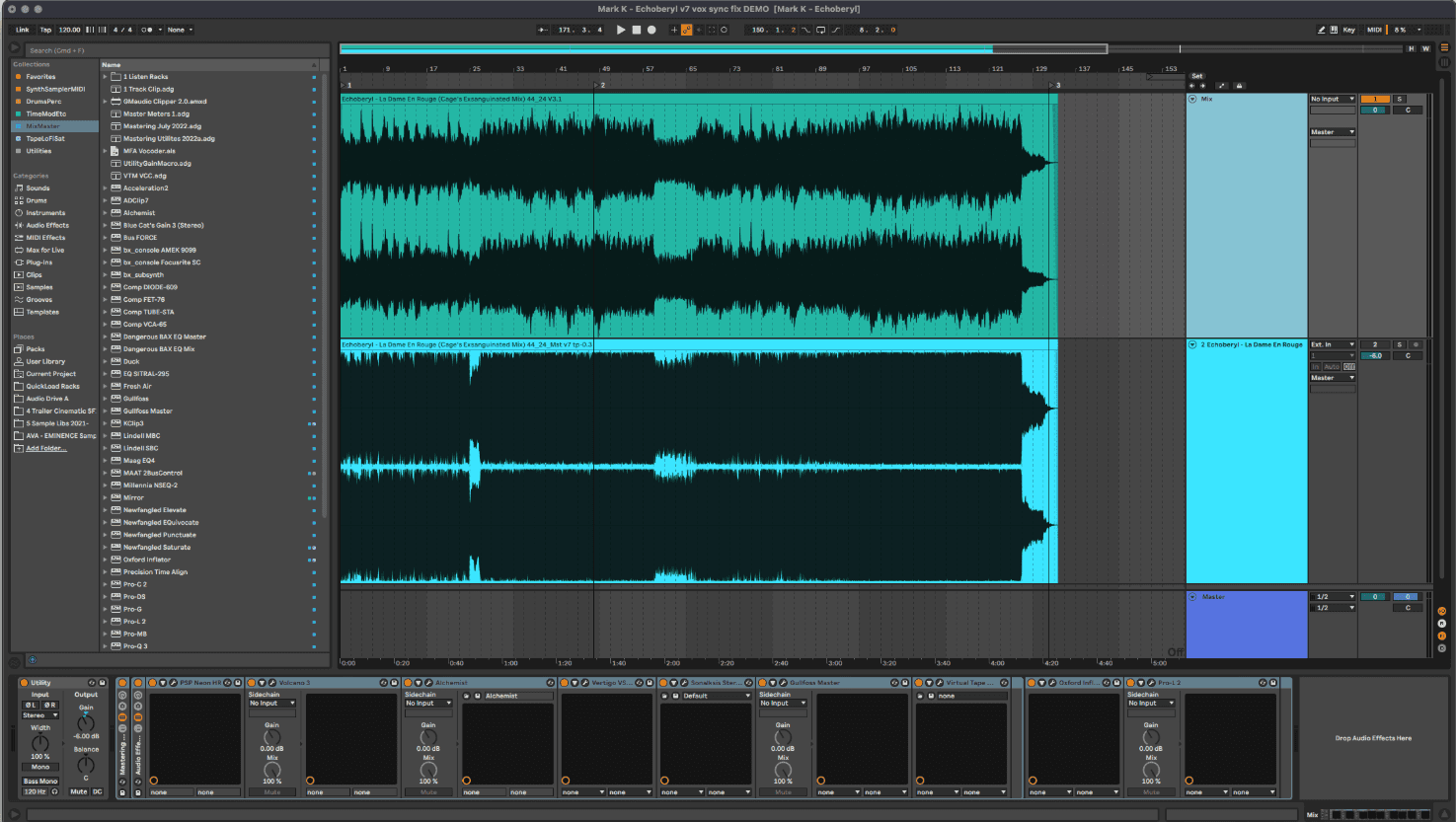 Ableton Live software interface displaying teal audio waveforms and multiple audio processing plugin control panels.